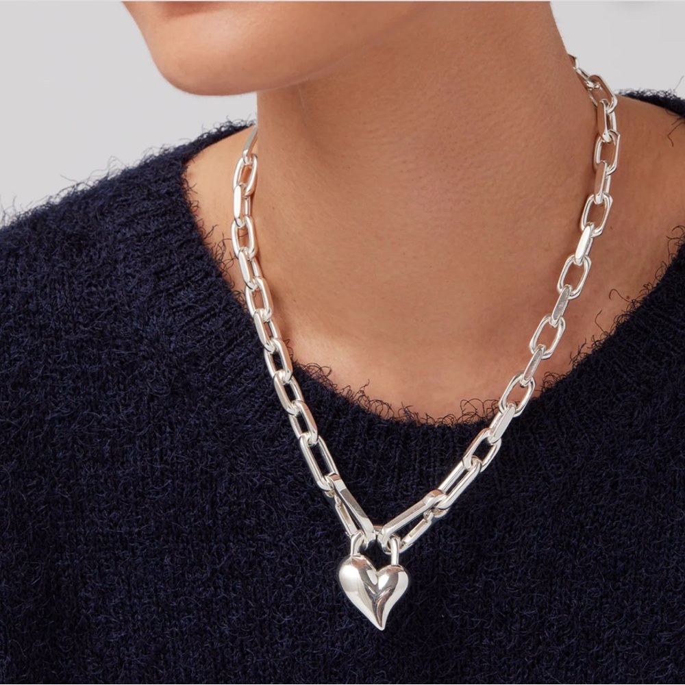Jenny Bird Padlock Heart Pendant Link Necklace, Silver - Picture 2 of 15